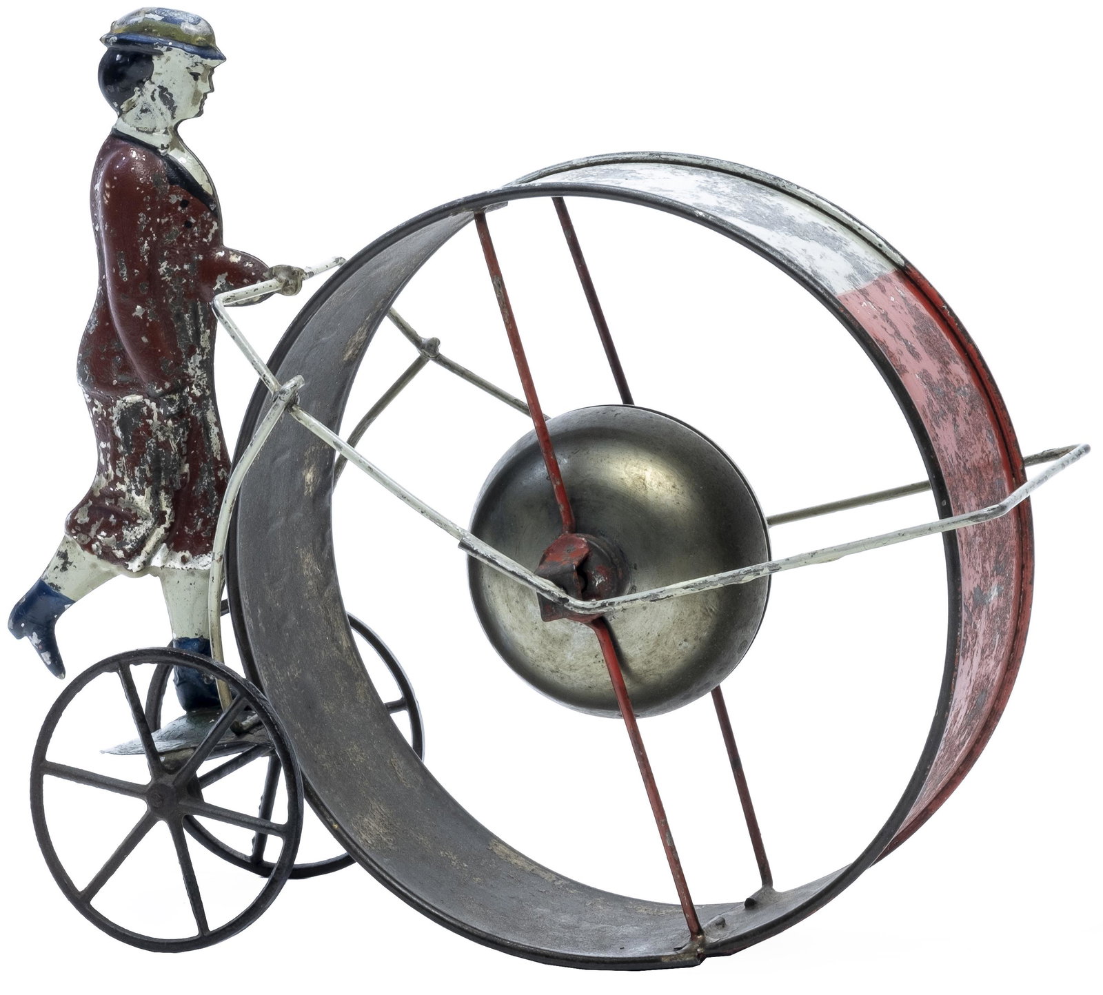 Parade Marcher Pushing Patriotic Hoop: Rare and Important American Tin Bell Toy Probably Made by Althof-Bergmann New York City - Circa 1876 Centennial Provenance: Stephen Lamacchia Collection Paul Cole Toy Collection Extraordinary State of
