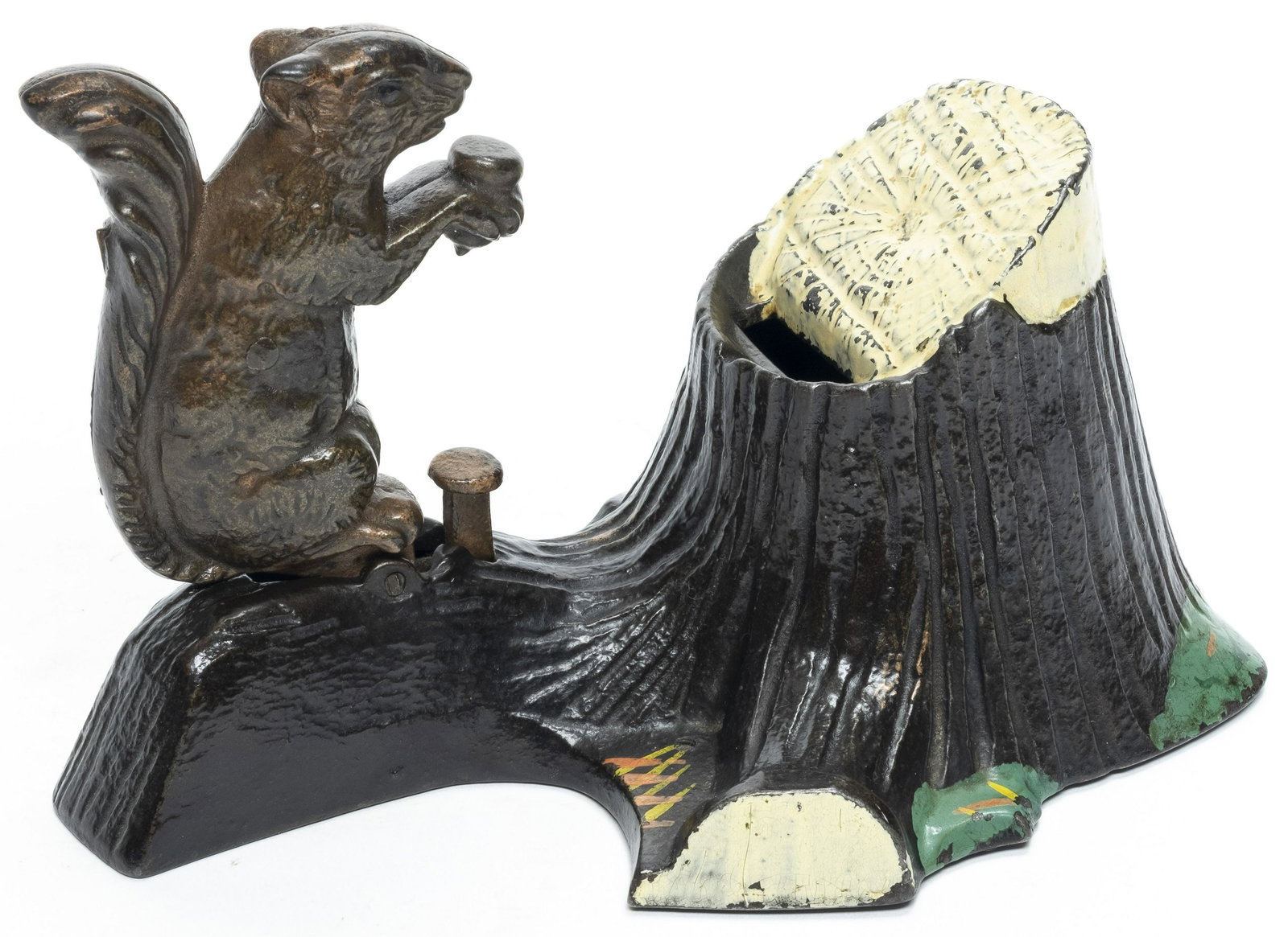 Squirrel and Tree Stump Iron Bank: Designed by Robert Turnbull By Mechanical Novelty Works New Britain, CT - Circa 1880's Provenance - Norman Perry Collection Donal Markey Collection Stunning Mint Condition & Very Bright A squirrel who