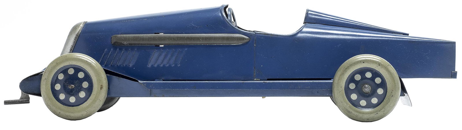 Blue Race Car: Marked BTE French - 1930's - 13" Long Pristine It winds using the hand crank at the front of the bonnet. It works well.