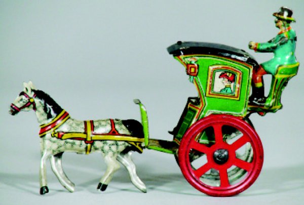 Hansom Cab Penny Toy: German – Circa 1915 Condition: Pristine, 1 wheel present but detached