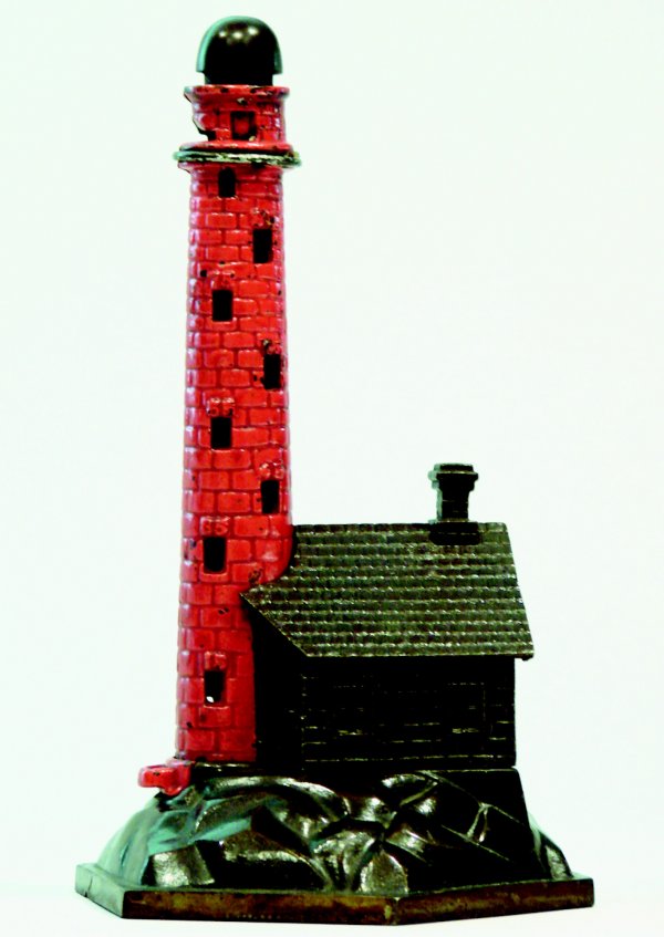 Lighthouse Bank Mechanical Bank: There is no known maker for this bank. However, it is probably the H. L. Judd Company of Wallingford, Connecticut based upon its design and japanning. The tower, which takes only nickels, can hold up