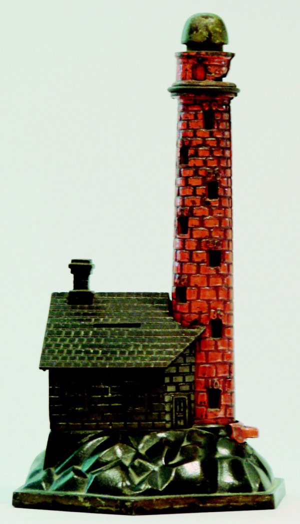 Lighthouse Bank Mechanical Bank: There is no known maker for this bank. However, it is probably the H. L. Judd Company of Wallingford, Connecticut based upon its design and japanning. The tower, which takes only nickels, canhold up t