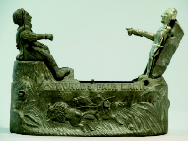 World's Fair Bank, With Letters, Bank Pattern: A classic bank made by J. & E. Stevens of Cromwell, Connecticut circa 1893. Made to commemorate the 400th Anniversary of Columbus' discovery of America. Material: Lead and Cast Iron Condition: Very Fi