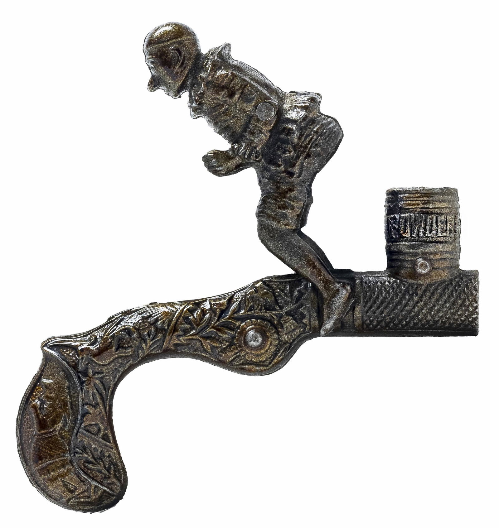 Clown Sits on Powder Keg Scarce Animated Cap Pistol: By Ives, Blakeslee Company Pat.'d 1878 - 4 1/4" Long. Images of the puppets Punch and Judy appear in relief on the gun's handle. A small firecracker placed in the muzzle of the gun will blow the clown