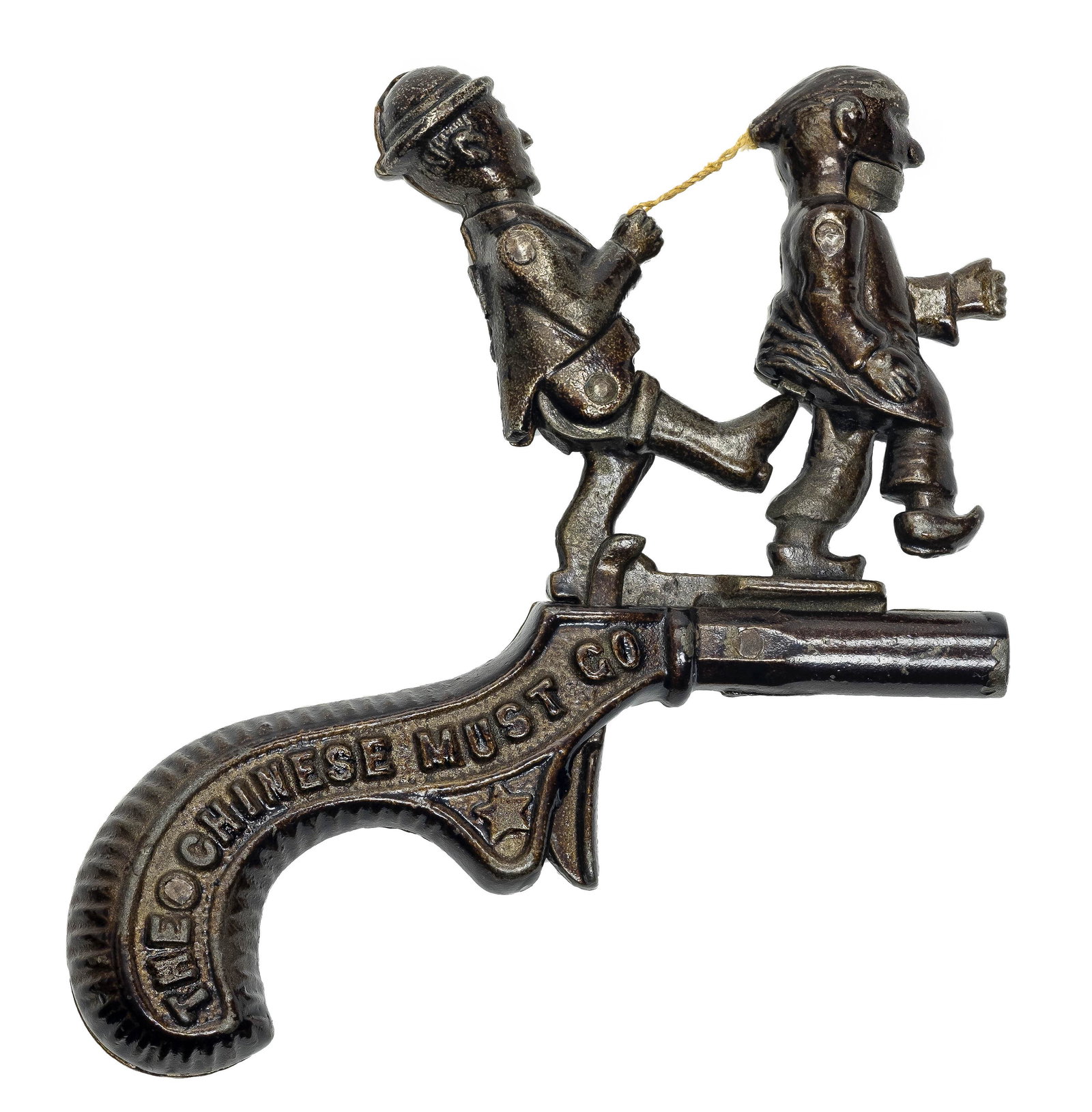 "Chinese Must Go" Cap Pistol with Original Box: By Ives, Blakeslee & Company. Pat. Sept. 2, 1879 - 4 3/4" Long. Ex-Gertrude Hegarty Collection. Toy collectors have long valued the "Chinese Must Go" pistol as the truest holy grail in the field of an