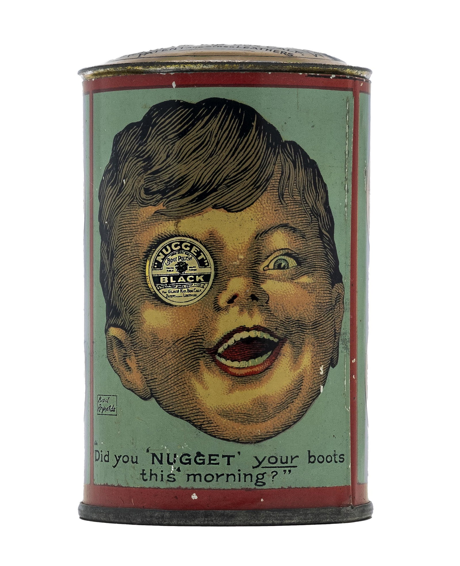 Scarce Advertising Tin Bank: Advertisement for Nugget Black Boot Polish. England - 1910's - 3 3/4" Tall.