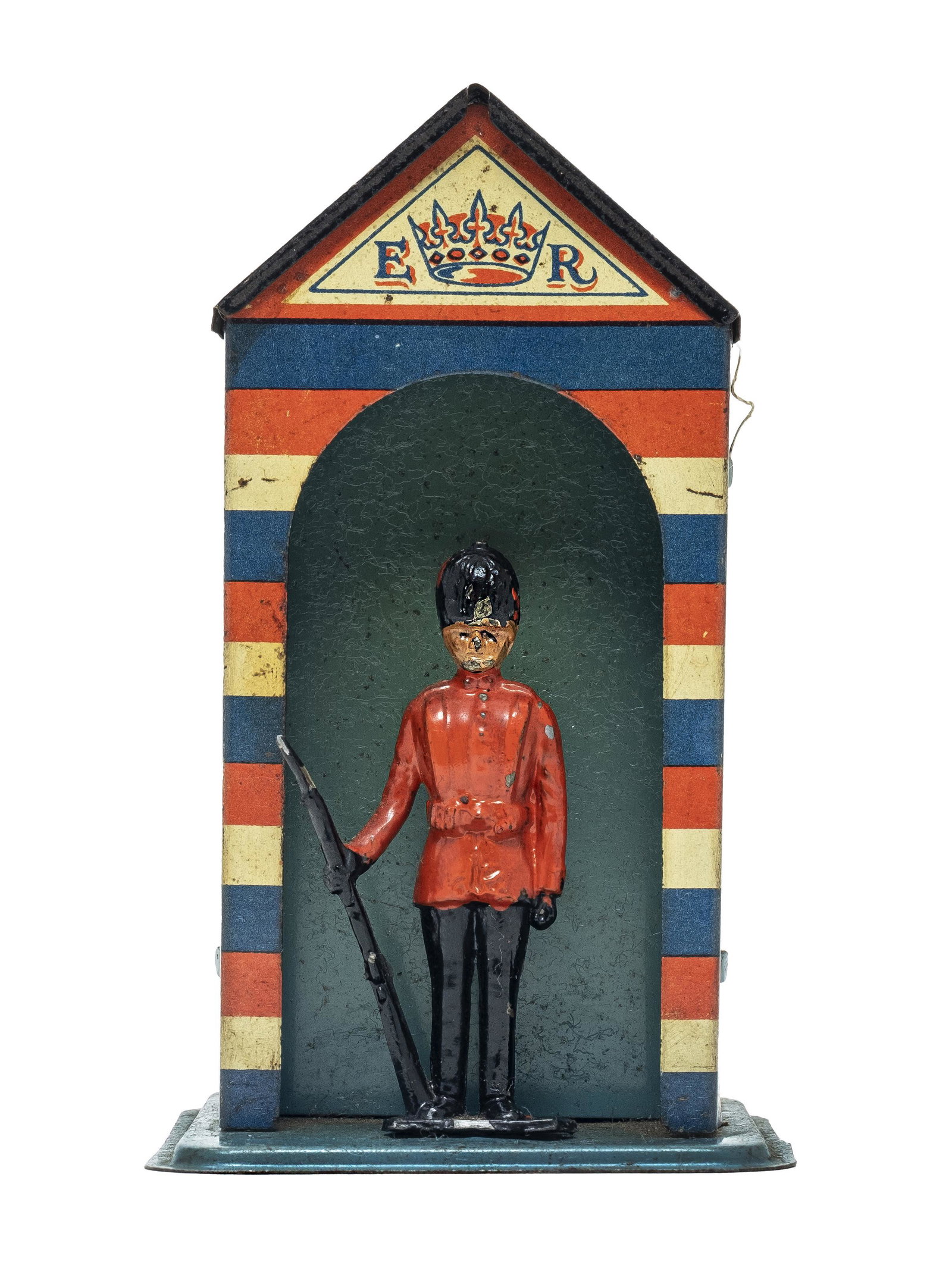 Beefeater Soldier in Sentry Post Bank: Unusual Lead & Tin Construction. England - 1930's - 4 1/2" Tall.
