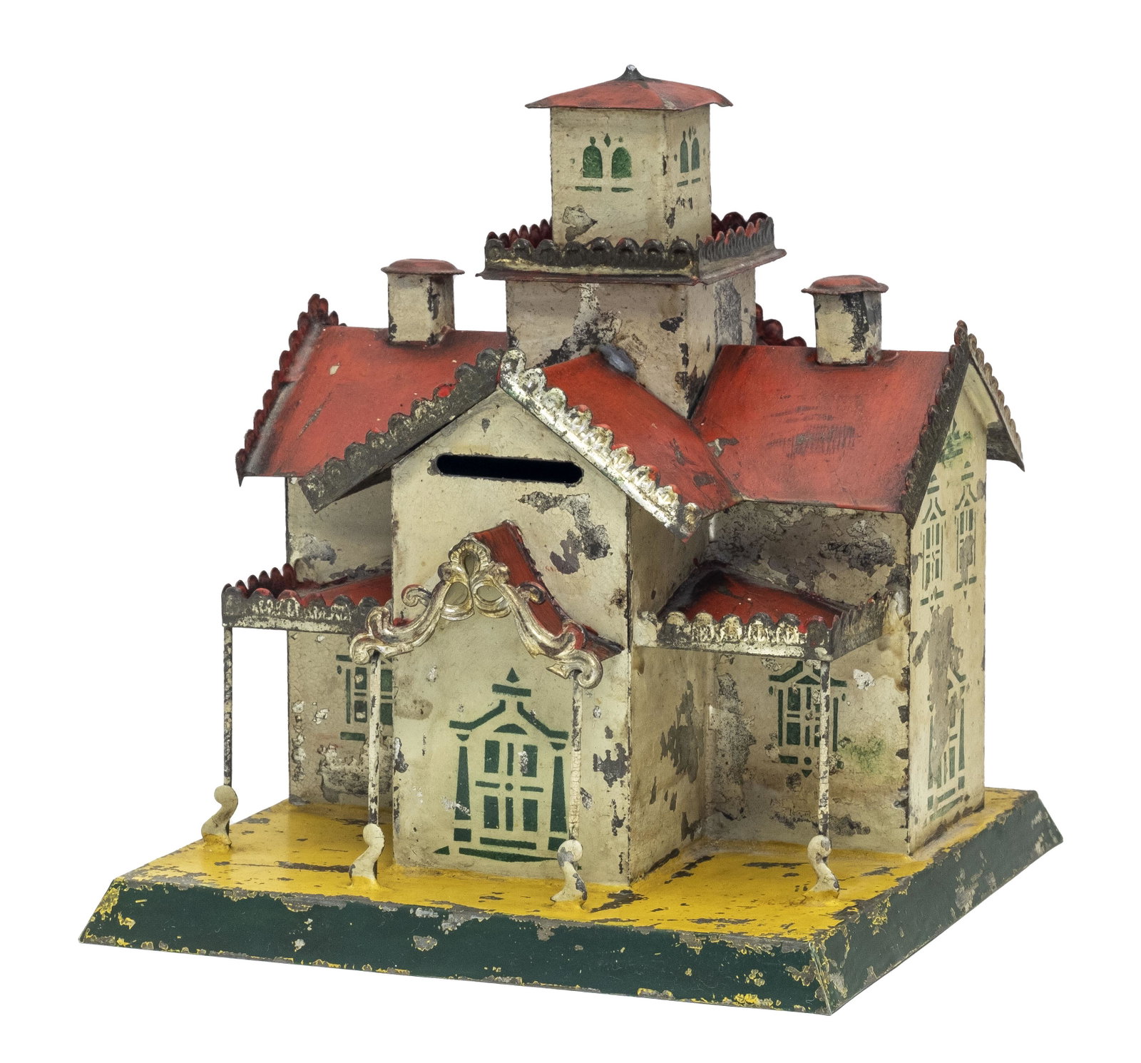 Mansion with Cupola Tin Bank: In the Eastlake Style. George Brown Co. - 1880's 6 1/4" W x 6 1/4" D x 7 1/4" T. This is an extremely rare form in the American tin architectural genre.