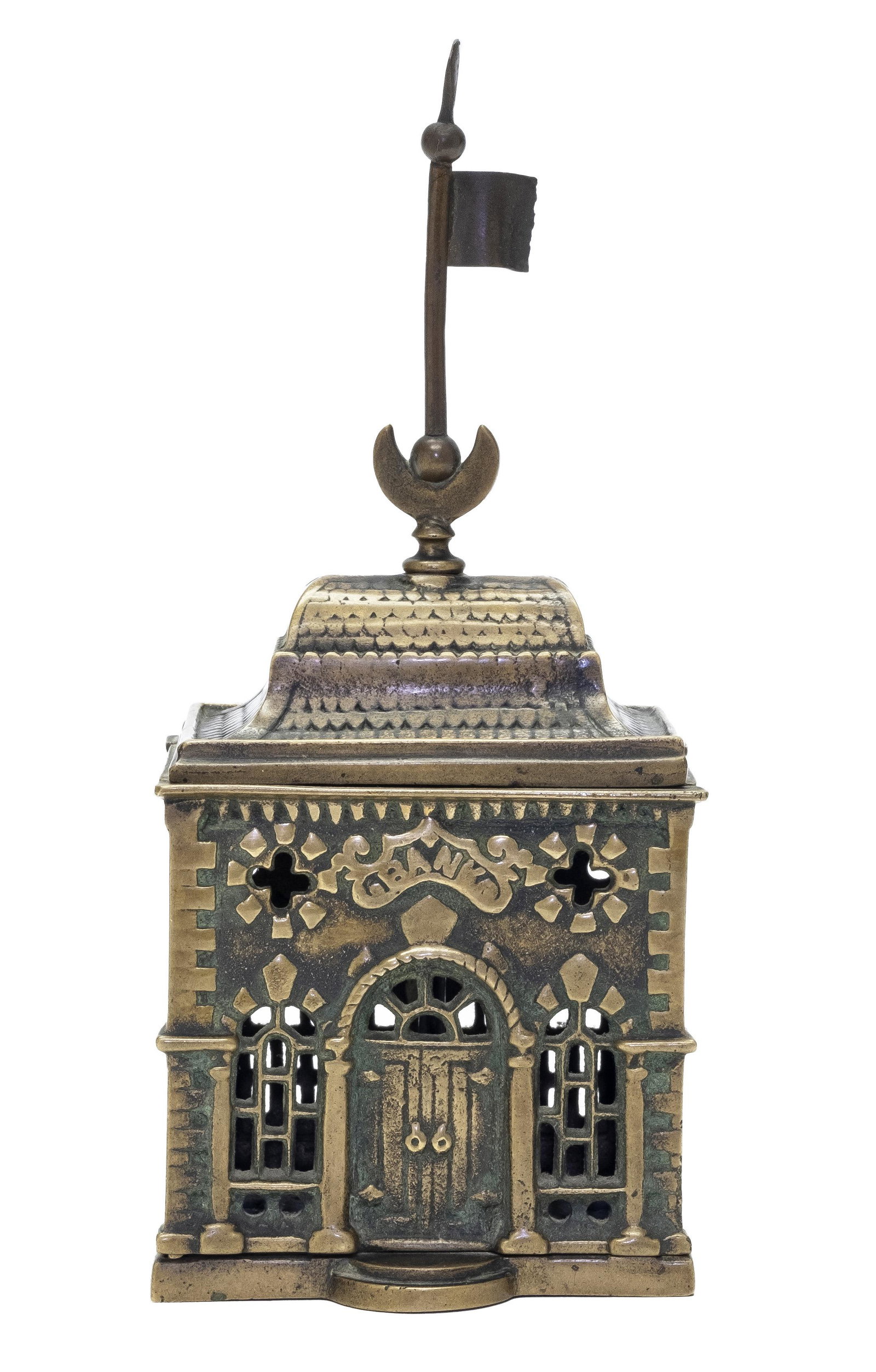 Unusual Brass Roof Bank: with Crescent Moon & Flag. French - 1920's - 8 1/4" T.