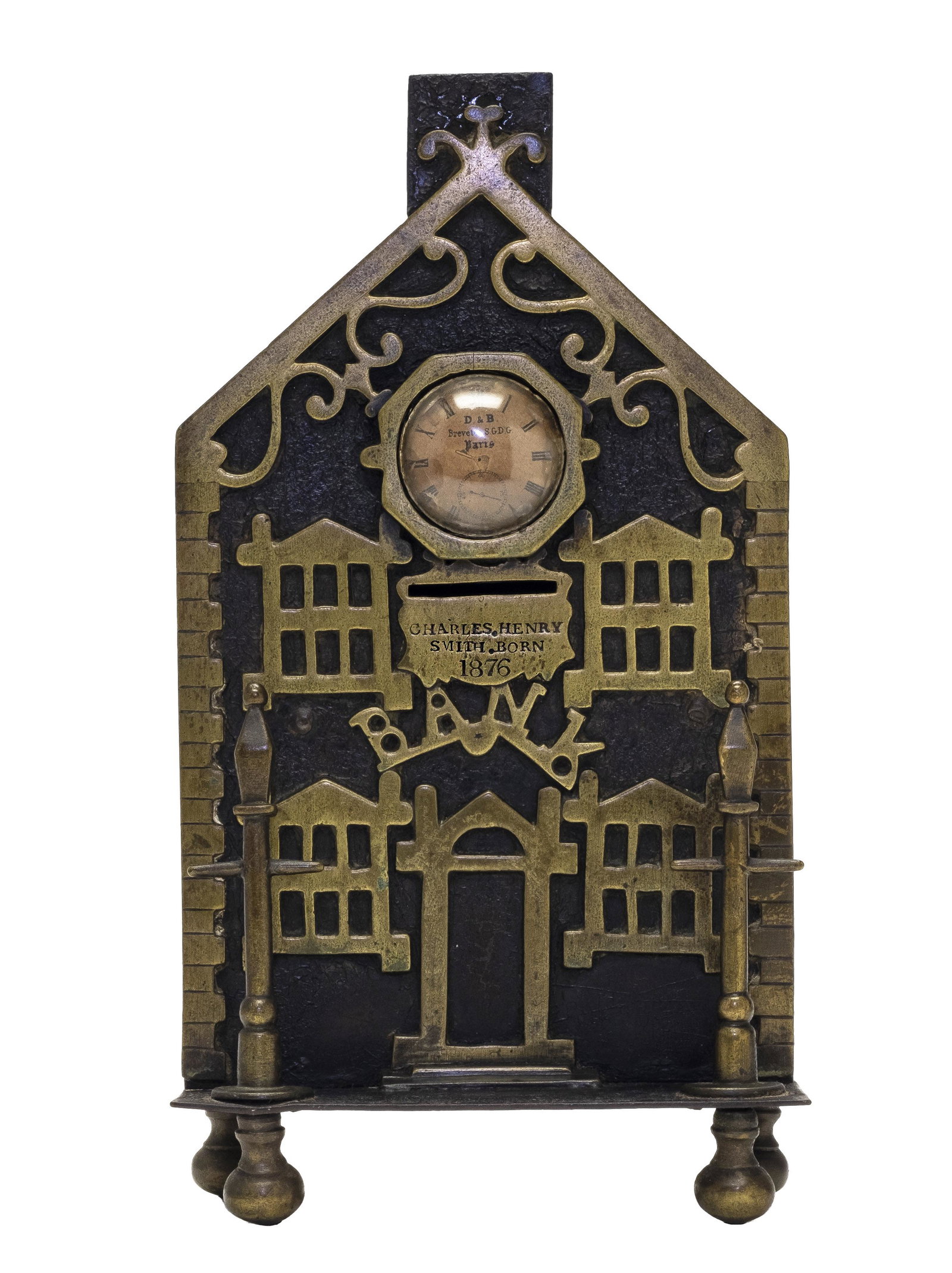 Large English Birth Bank with Clock: Made for Charles Henry Smith Born 1876. 8 1/2" Tall x 5" Wide.