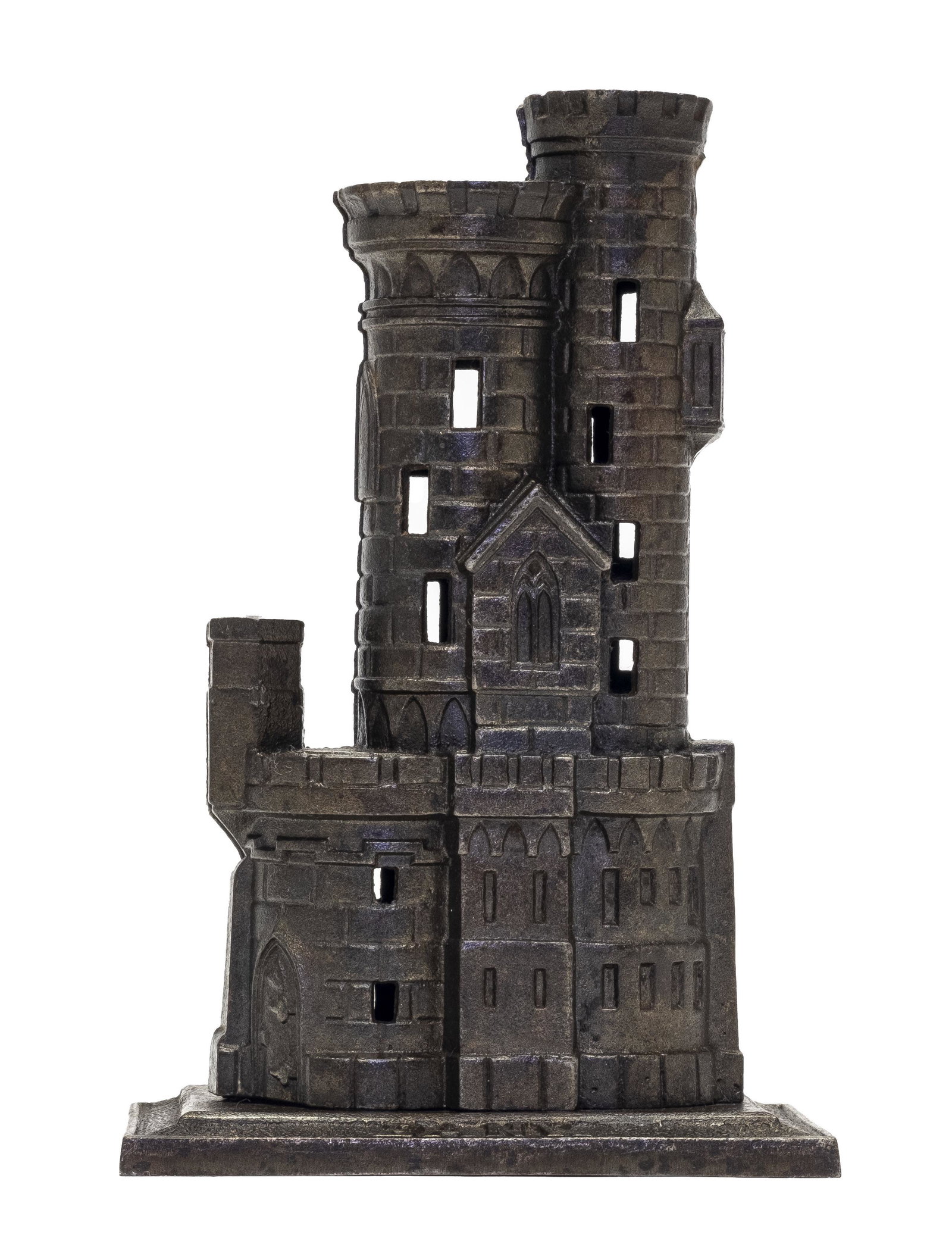 Castle with Two Towers Iron bank: Scarce Ebony Black Finish. Made by John Harper Ltd. of England - 1911 - 7" Tall.