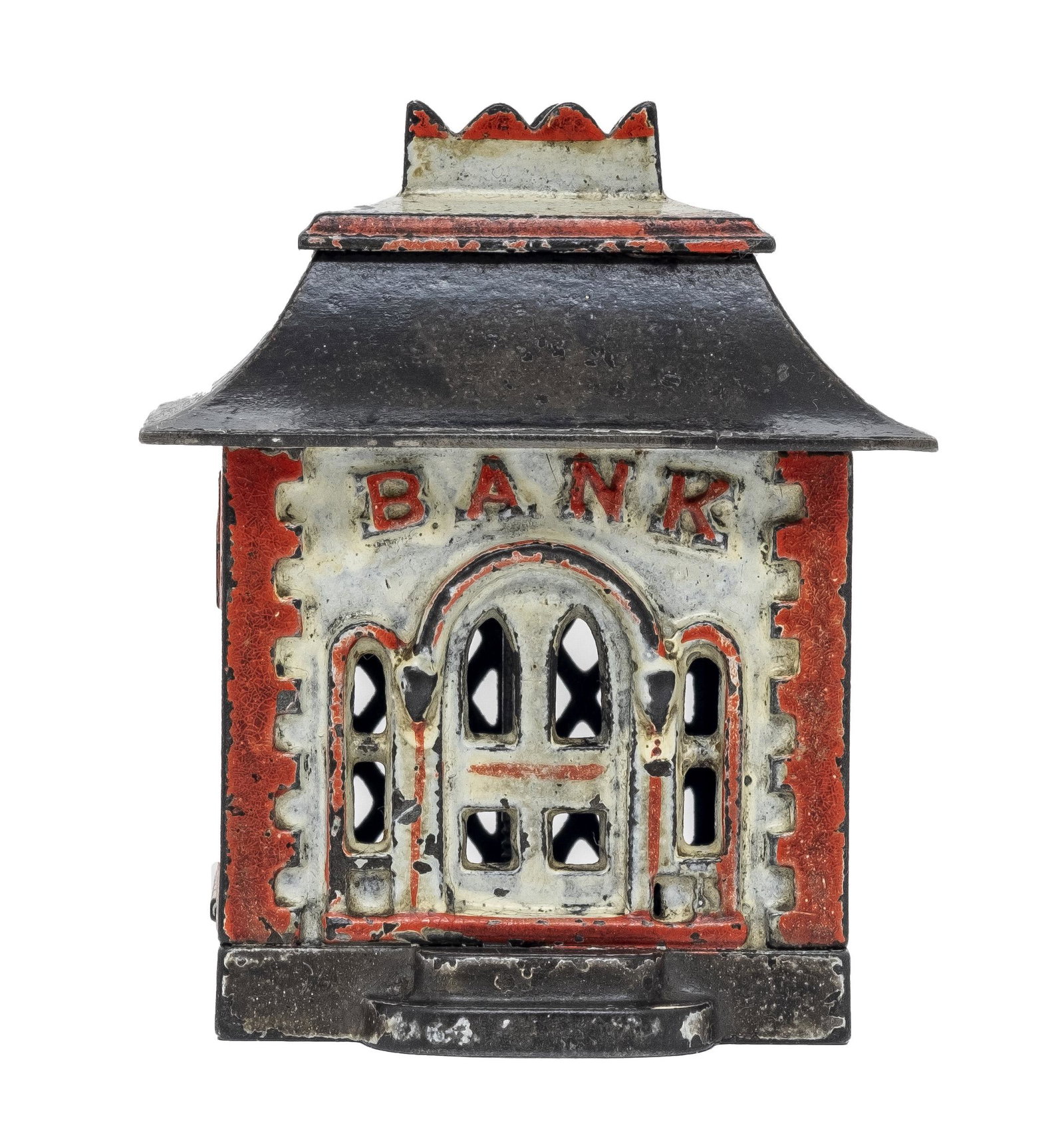 Small Home Bank - Curved Roof: Ivory White, Gray Red & Brown Paint. Unknown American Maker. Circa Mid 1890's - 3" Tall.