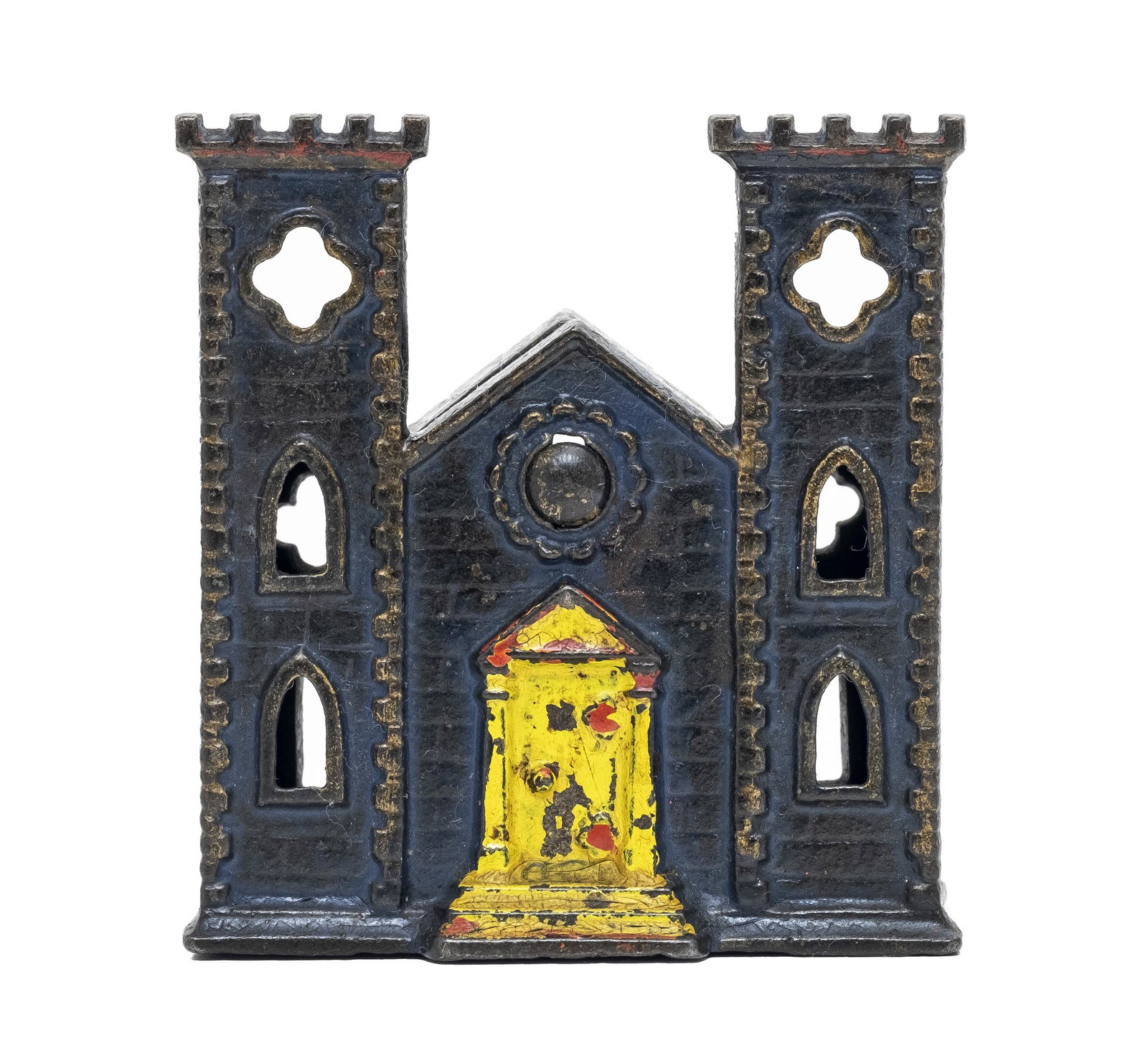 Small Blue Castle Iron Bank: Made by Kyser & Rex Company of Philadelphia - 1882 - 3" Tall.