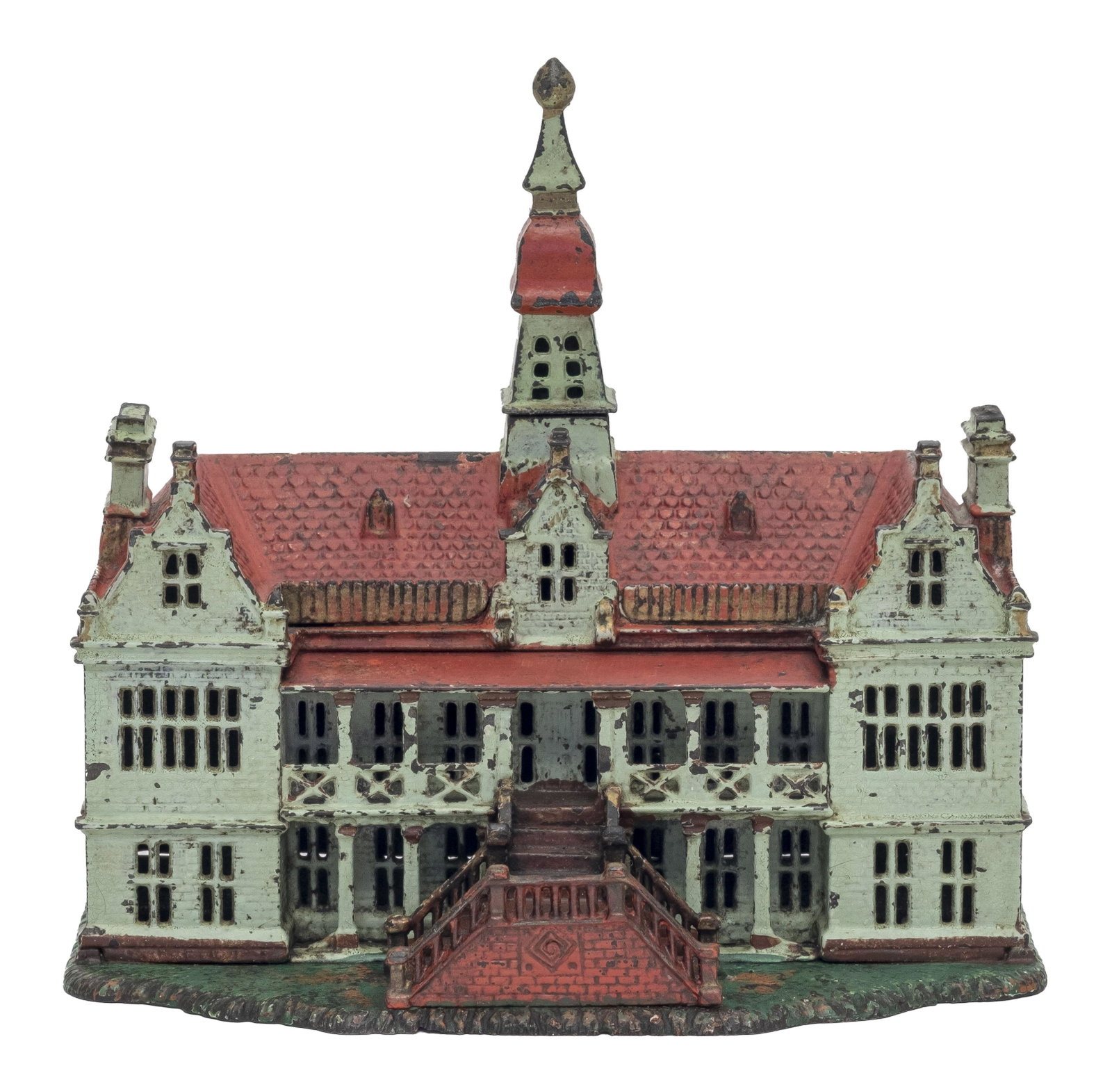 The Palace Iron Bank: Scarce Polychrome Finish. Made by Ives, Blakeslee & Company of Bridgeport, Ct. - Circa Mid 1890's 8 1/4" Wide x 5" Deep x 7 1/2" Tall. Polychrome examples of the Palace Bank are extremely scarce and d