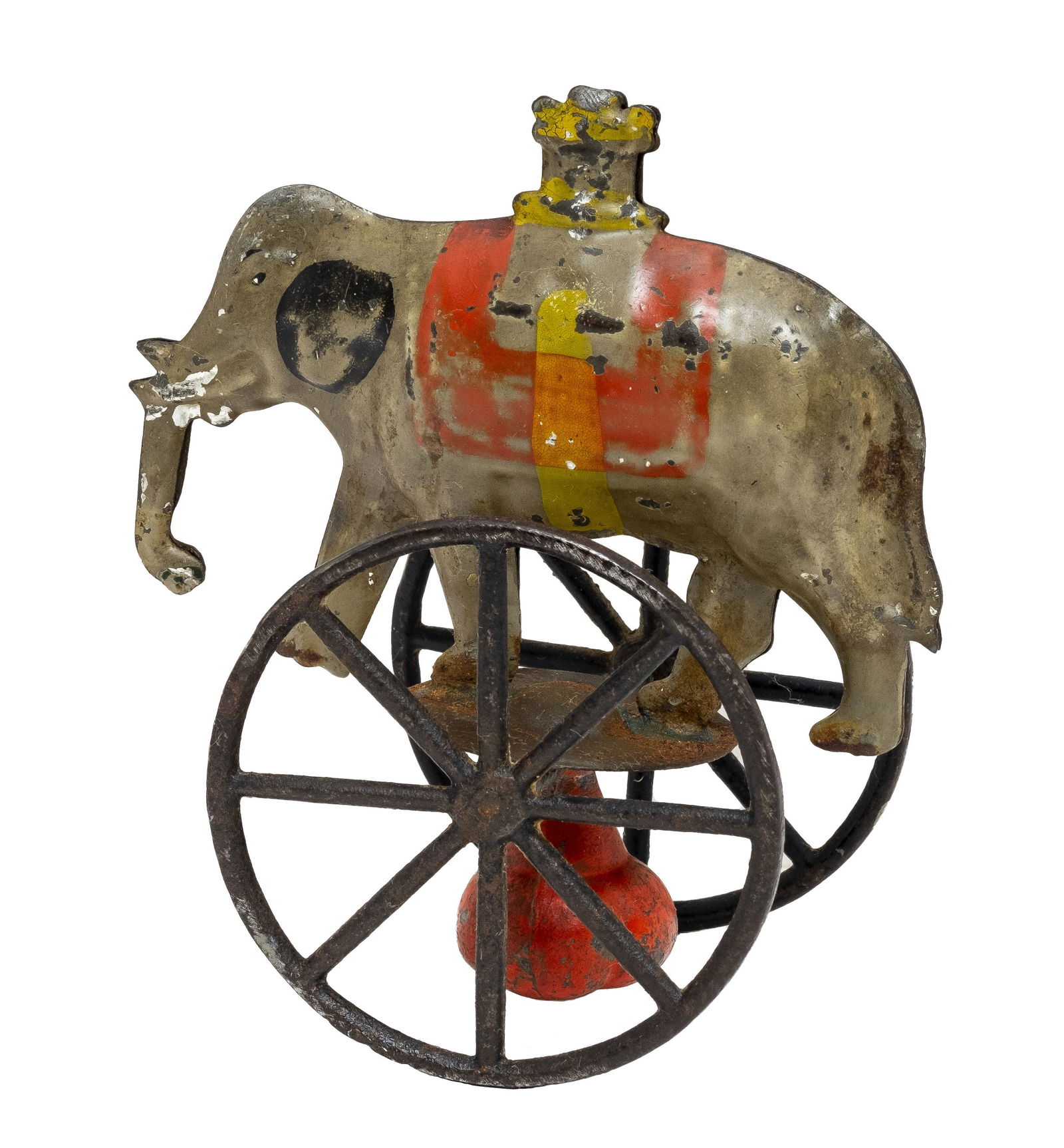 Elephant with Crenellated Howdah Weighted Balance Toy: A Very Rare Weighted Balance Toy. Made by Merriam for George Brown. Connecticut - 1870's - 4" Tall.