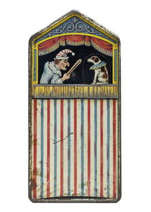 Tin Litho Punch & Judy Bank: Made by Burnett, Ltd. Company of London - Late 1910's - 5 1/2" Tall. Depositing old English pennies through the slot on the side of the bank causes images in the window to change in sequence. Very sup