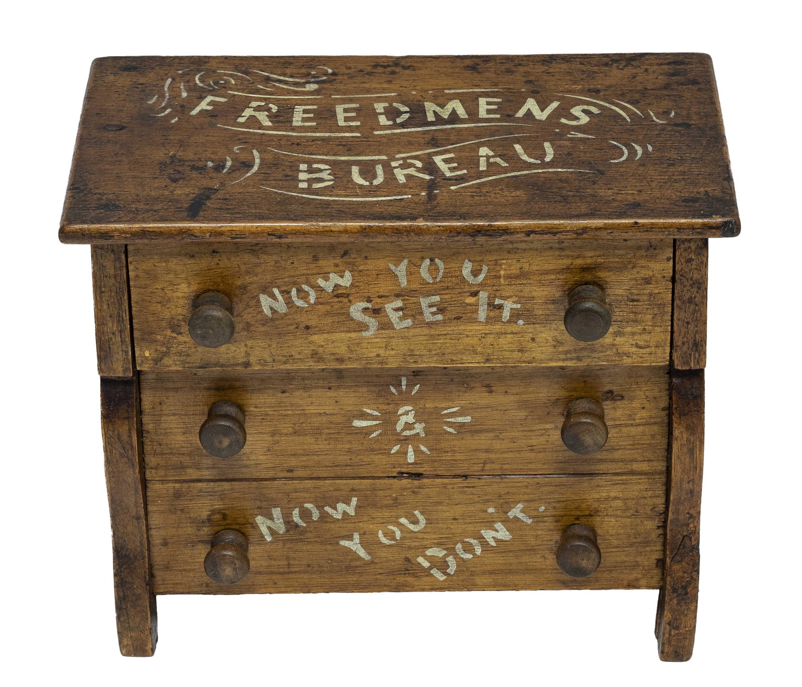 Freedmens Bureau Wood Bank: "Now You See It & Now You Don't". Unknown American Manufacturer. Circa 1875 - 6 1/2" x 3 5/8" x 5 3/8". Ex - Edwin Mosler Collection. The Freedmens Bureau Acts of 1865 and 1866 were used by Congress t