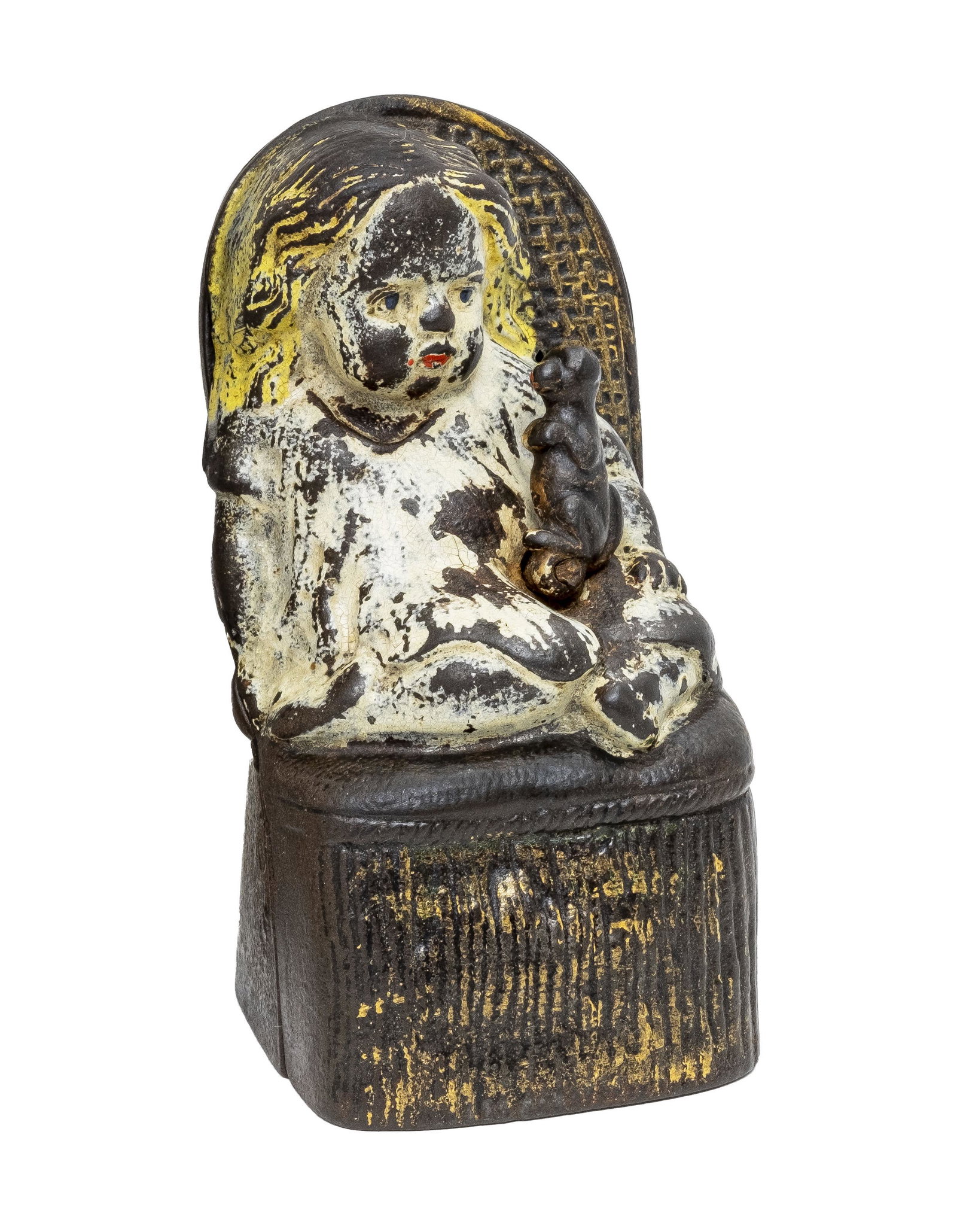 Girl in Victorian Chair Iron Bank: By W. S. Reed Toy Company of Leominster, Ma. - Mid 1880's. The action for this bank is extremely subtle. Coins placed in the slot are deposited when the lever is slid rightward. The dog then kisses he