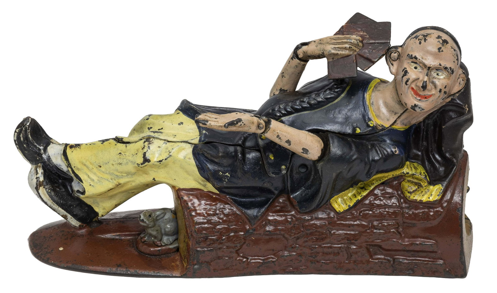 Reclining Chinaman Iron Mechanical Bank: Made by the J. & E. Stevens Company of Cromwell, Ct. - Patented 1882. A chinaman dressed in coolie garb invites us to play a hand of poker with him. Pennies placed in his jacket pocket disappear when 