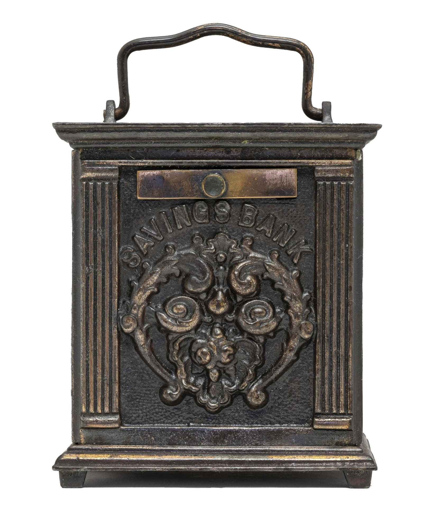 Chandler's Savings Bank: Made by National Brass Works of Cleveland, Ohio - 1900's. This bank uses a striated copper electroplated finish typical of many utilitarian objects from the Edwardian Era.