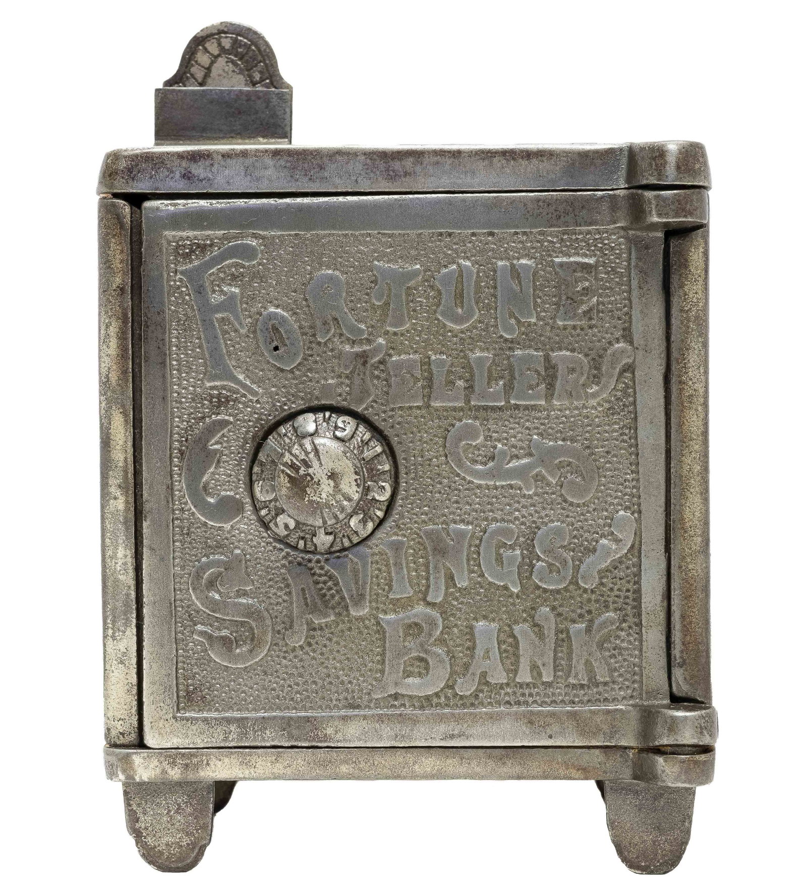 Fortune Tellers Savings Bank: (window on the top of the bank). Made by Baumgarten & Company of Baltimore, Md. - Pat.'d Feb. 19, 1901.