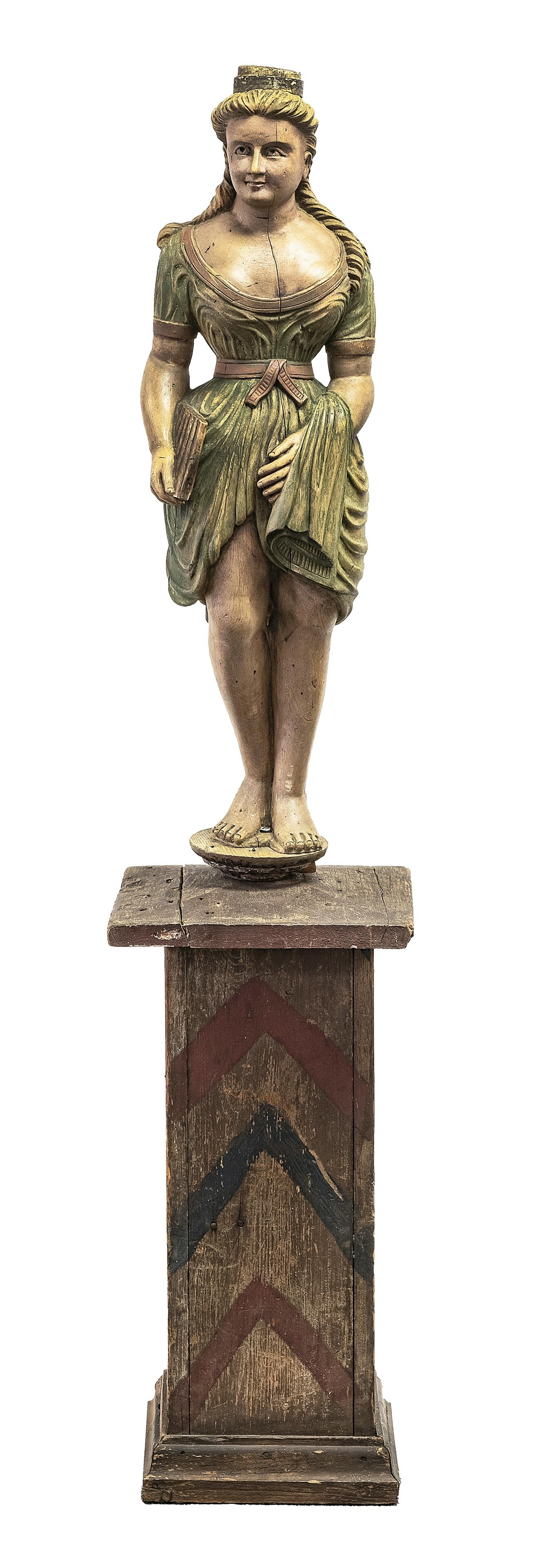 Risqué Lady Barrel Organ Figure: American - 1895 - 11" W x 37 1/2" T. Gail Furman Folk Art Collection. Ornamental carved figures like this pretty lady were used to decorate the niches and platforms of barrel organs. Often times, they