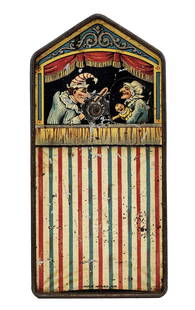 Tin Punch & Judy Bank: Made by Burnett Ltd. London - Mid 1920's. Deposited coins cause the images in the window to advance revealing various familiar characters from the Punch and Judy troupe.