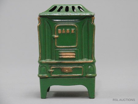 NEW HEATROLA BANK – GREEN: NEW HEATROLA BANK – GREEN Kenton Hardware – Circa 1925 Material: Cast Iron & Sheet Steel
