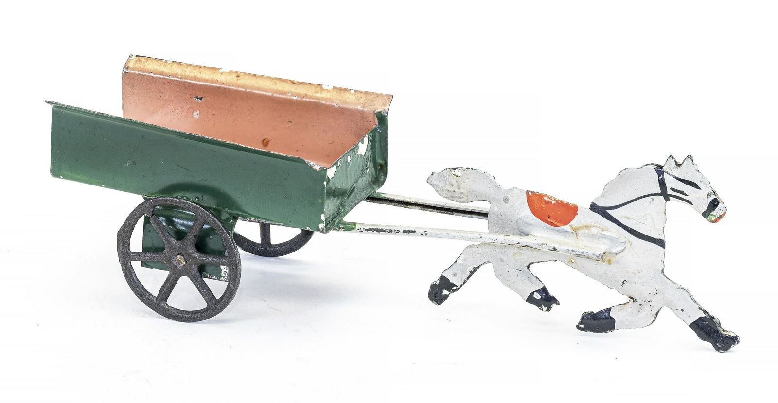 Miniature Horse with Cart Tin Toy: Probably Merriam Mfg. Co. Durham, CT - 1875 - 5.25" Long. This toy appears to be Merriam based upon its color combination and cloudtail.