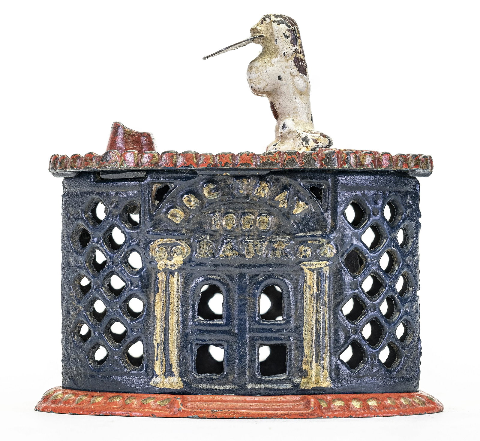 Dog Tray Iron Bank: Kyser & Rex Philadelphia, PA - 1880. Place a coin on the dog's tray and the weight of the coin will cause the dog to tip forward and deposit the coin.