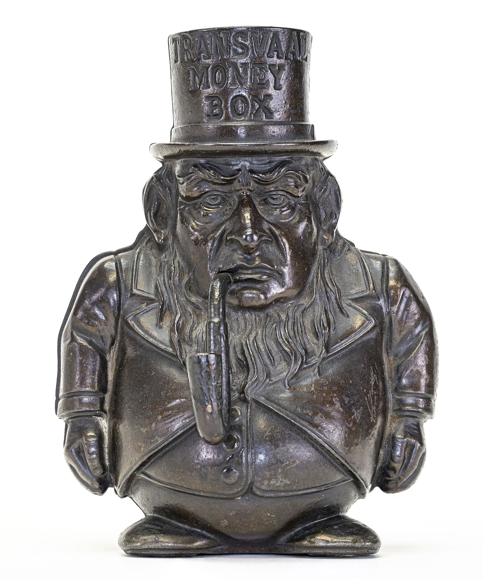 Transvaal Money Box Iron Bank: John Harper Ltd. Willenhall, England - 1885. This is the example from the Andy & Susan Moore Collection and it is in Pristine Condition. It is based upon Paul Kruger the dominant South African politic