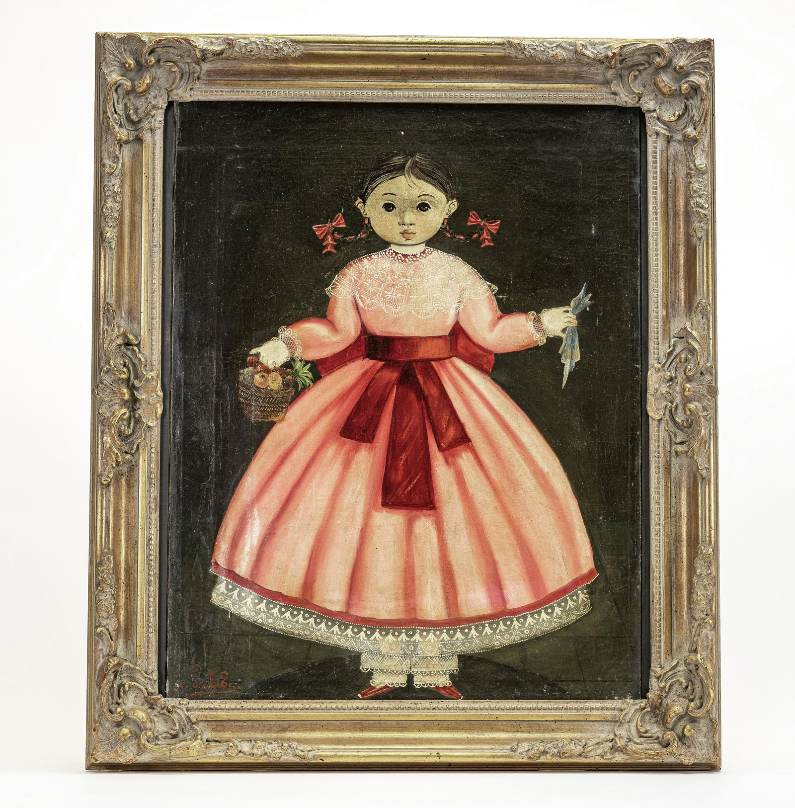 Young Girl with Basket: Signed Agapito Labios. Mexico - 1930/40's 27" T x 22.5" W in Frame. Agapito Labios was a Mexican Folk Artist who was born in 1898 and died in 1996. Most of his work was done in the period 1925 - 1960.