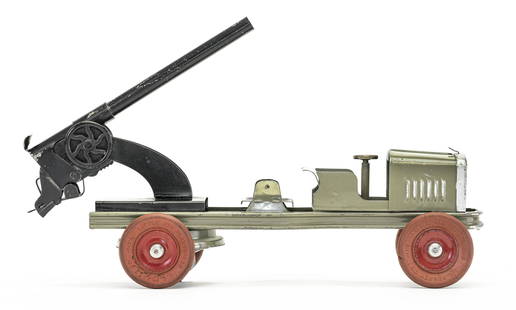 Windup Anti-Aircraft Gun Mounted to Truck: Kingsbury Mfg. Co. Keene, NH - 1930 - 12" Long. We have never seen this Artillery Army vehicle before. It works really well. This cannon is functioning, however, no Artillery Shells are present.