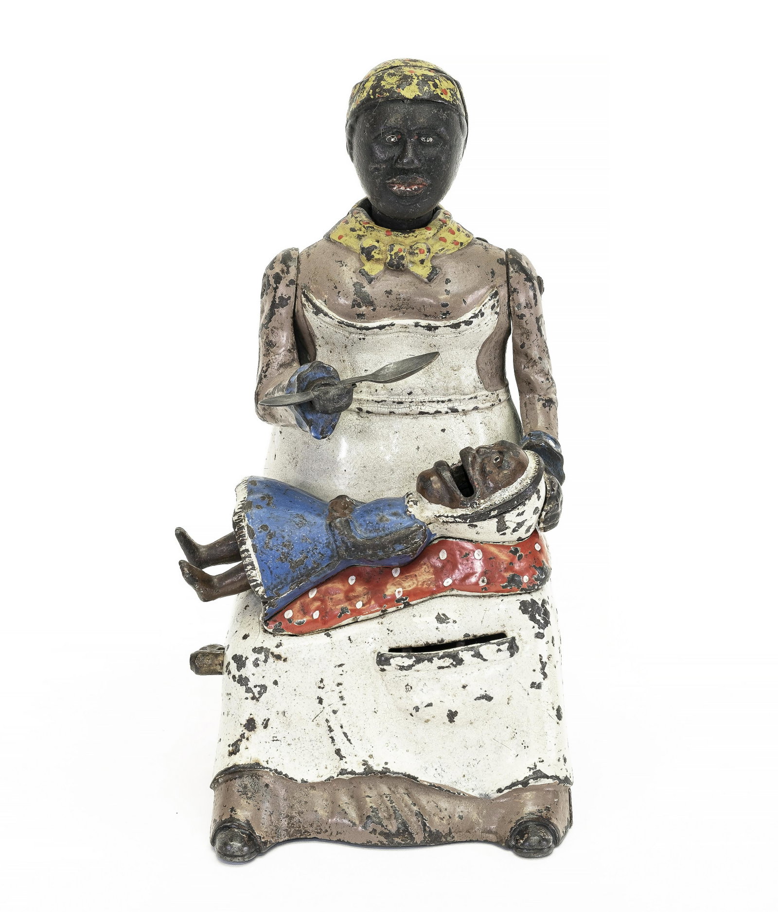 Mammy - Mauve Dress - Iron Bank: Kyser & Rex Company. Philadelphia, PA - 1880's. The Mammy & Child Bank illustrated a sensitive moment between a mother and her infant baby. When properly placed on the spoon, pennies can be deposited 