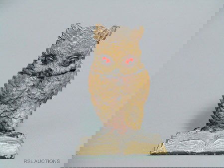 Owl Reading a Book German Spelter Still Bank: Germany – Circa 1915; A scarce book depicting the "Wise Owl" reading a book. 4 ½" tall.