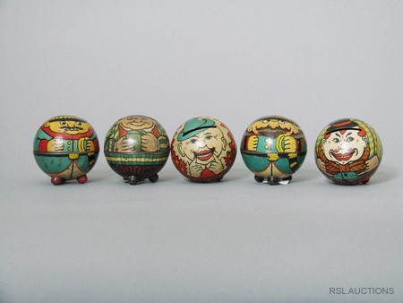 Lot: Five Round Rotund Figures Still Bank: Germany – Circa 1915; These round little fat men make quite a collection. They were made in Germany, circa 1915. Included are a Policeman, Young Boy Reading a Green Book, A Moustached and Bearded So