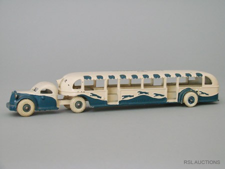 Greyhound Lines GMC Arcade Mfg. Co.: Freeport, Illinois – Circa 1934 This is the scarce and very desirable largest size (14 ½" long) bus produced in this series. It is in truly outstanding condition with wonderful highlights and detai
