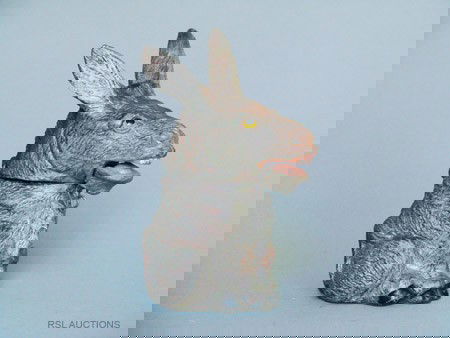 Donkey – Spring Jawed Mechanical Bank: Germany – Circa 1920 An extremely scarce and desirablemechanical bank. Part of a series of 10 or so "Spring Jaws". Insert a coin in the head which causes the jaw to wobble.Material: Spelter