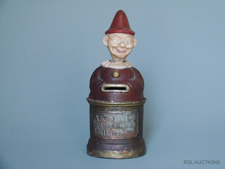Nodding Clown Bank Mechanical Bank: Germany – Circa 1920 Made for the X. Kreissle Acetylene Works Co. of Leutkirchwurtt, Germany. As coins are deposited the clown nods. Possibly the only known example of this bank. Material: Tin