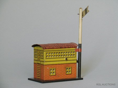 Signal Cabin Made by J. Distler Mechanical Bank: Nuremburg, Germany – Circa 1930 Place a coin in the slot and the flag moves up and down as the coin falls into the bank. Material: Tin