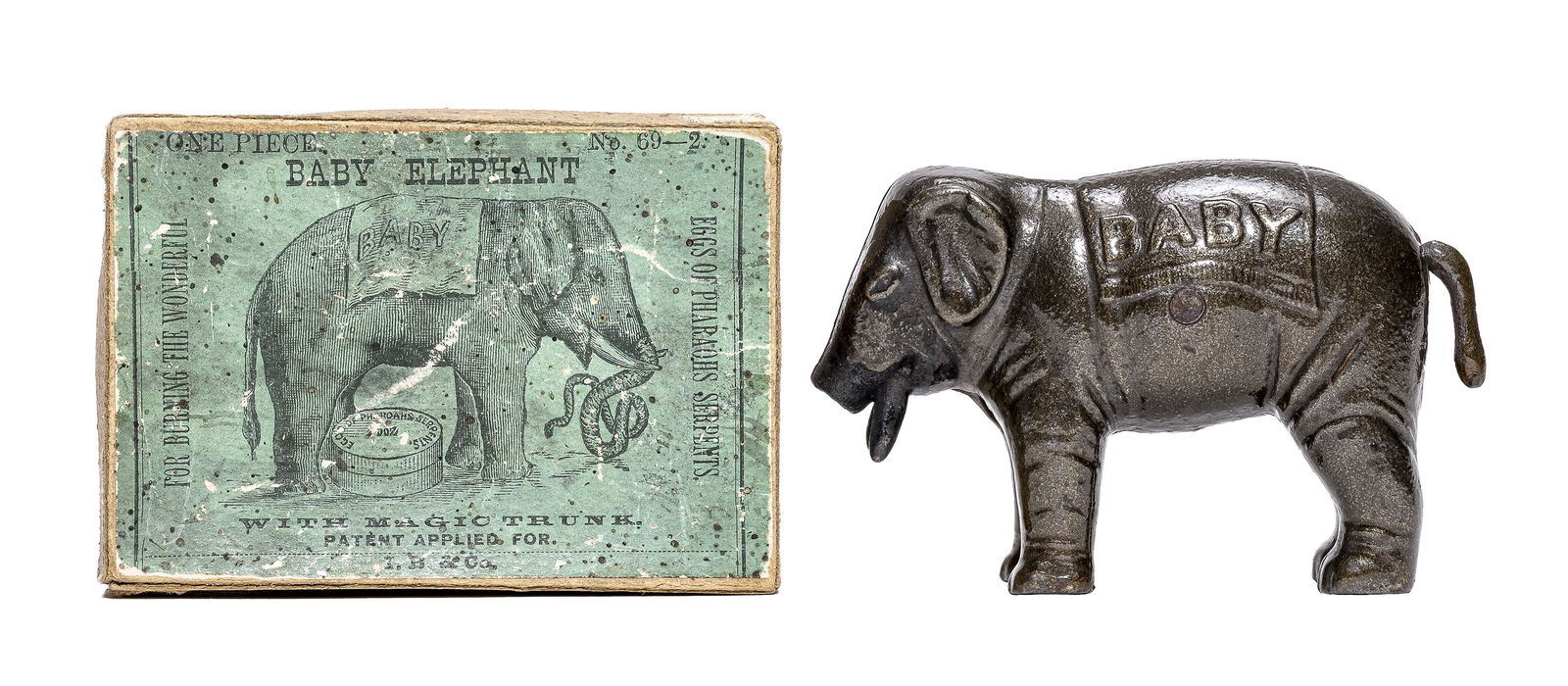"Baby" Elephant with Box Pellet Toy: By Ives, Blakeslee Company Bridgeport, CT. - 1880's - 3.875" Long. This toy works with a piece of paper that is lit, emitting a snake type foam coming out of his trunk.