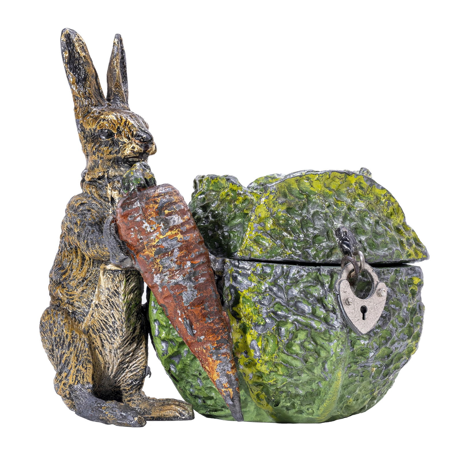 Rabbit with Carrot Beside Cabbage Spelter Bank (1 of 4)
