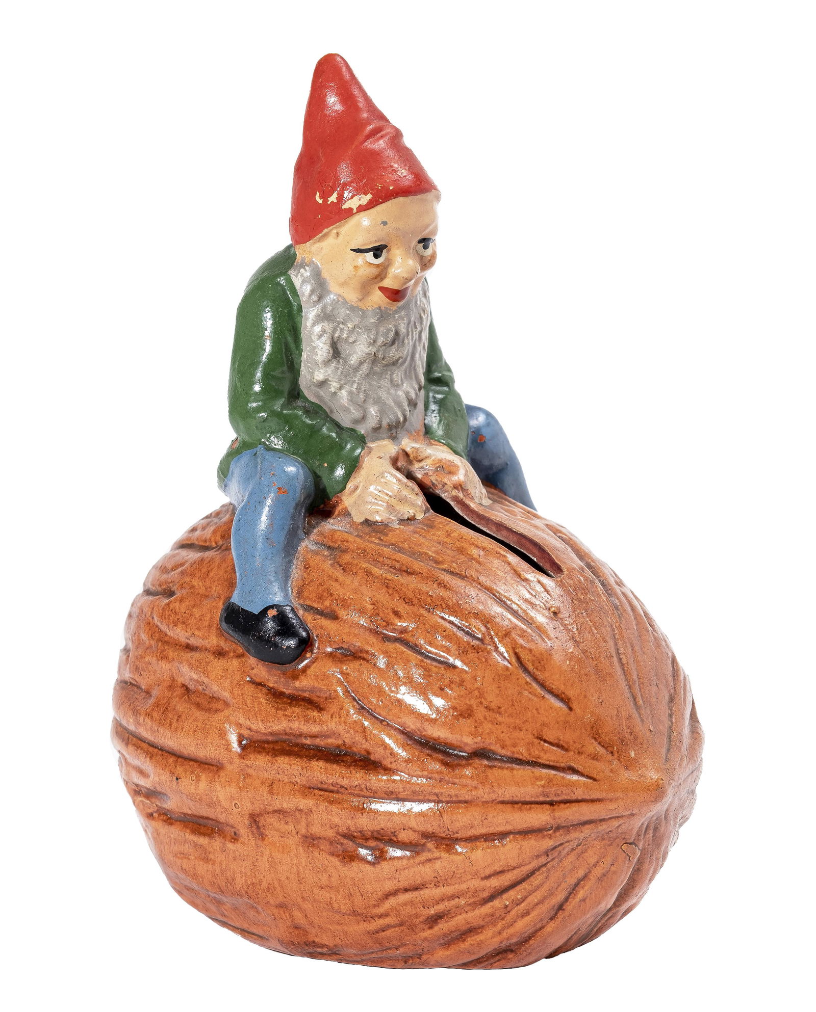 Gnome Straddling a Walnut Painted Earthenware Bank (1 of 3)
