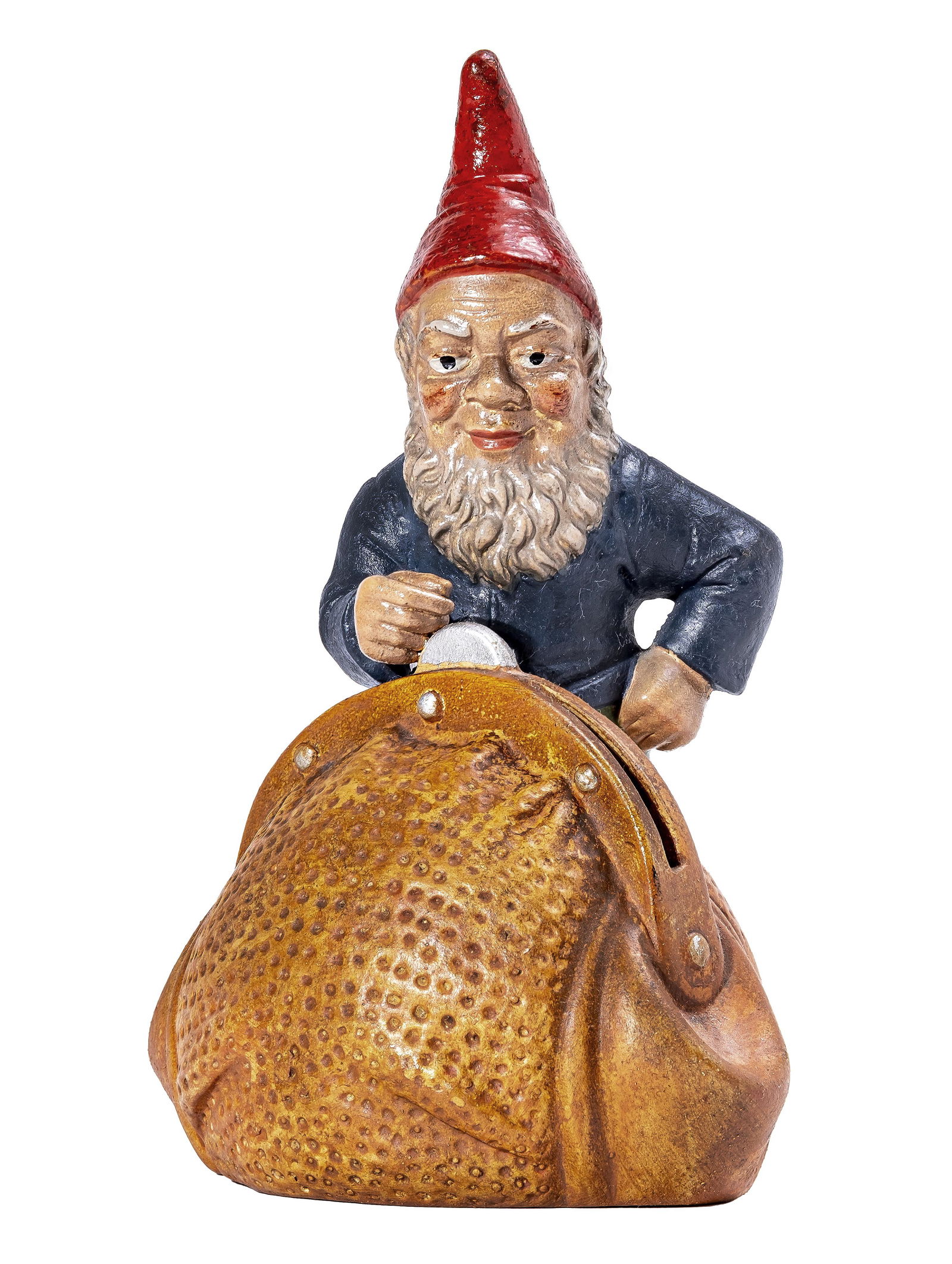 Gnome Deposits Coin in a Purse Painted Earthenware Bank (1 of 4)
