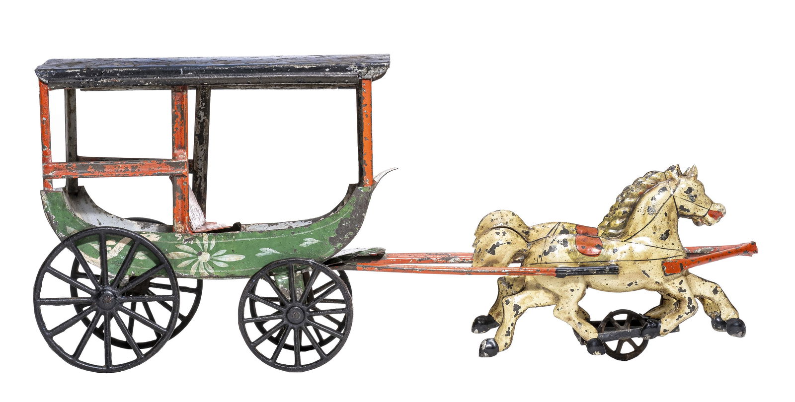 Fancy One Seat Coach with Canopy Tin Toy: Made by Hull & Stafford Company. New York City - 1860's - 15" Long. Very early tin toys are often decorated with fancy hand drawn flourishes like the white starburst design found on both sides of this