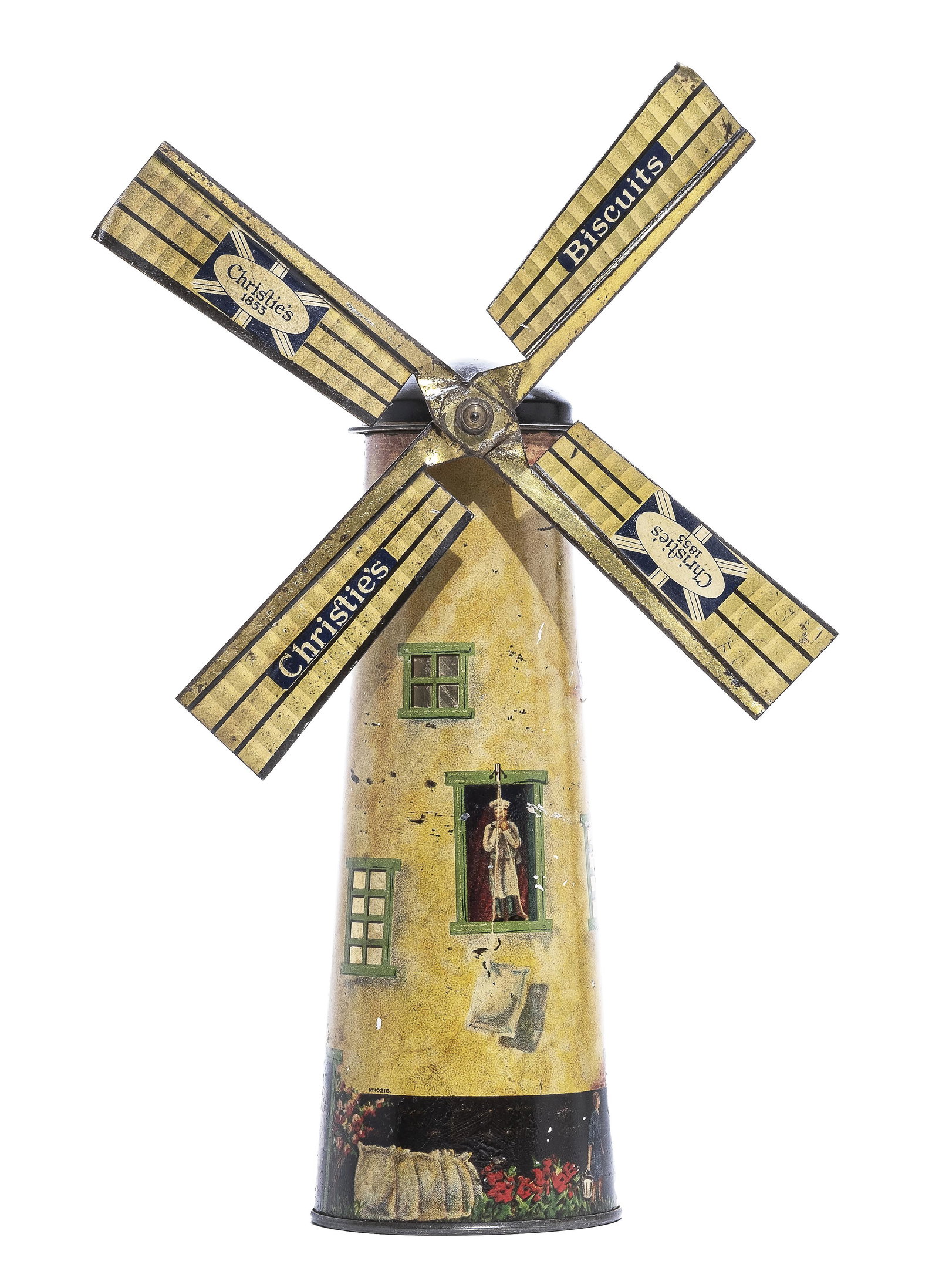 Windmill Biscuit Container: Christie's Biscuits Canadian - 1910's - 11 1/4" T. William Mellis Christie was born in Scotland in 1829 and apprenticed as a baker before arriving in Canada in 1848. Today, the Mr. Christie brand is o