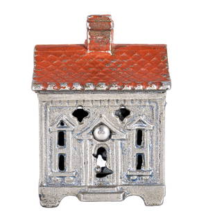 Quadrafoil House Iron Bank: Nickel Plated with Painted Roof. Arcade Mfg. Co. Freeport, IL - 1905 - 3" Tall.