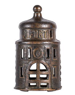 Fort Bank: Kenton Hardware Company. Kenton, OH - 1915 - 4 1/8" Tall. Illustrated as #107-c (PG. 84) in Cast Iron Building Banks by Peirce. A scarce electroplated version.