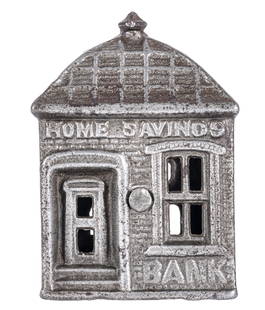 Home Savings Bank: Nickel Plated. J. & E. Stevens Company. Cromwell, CT - 1891 - 3 3/8" Tall. Illustrated as #83-b (PG. 63) in Cast Iron Building Banks by Peirce.