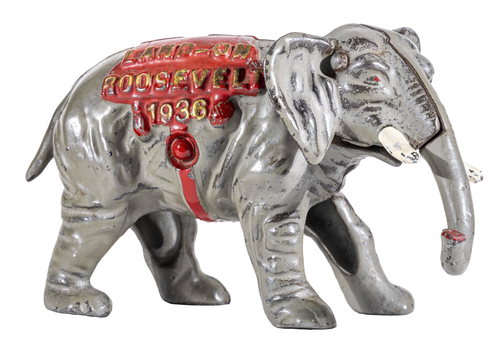 Land on Roosevelt Elephant: This is a Desk Ornament, not a bank. Kenton Hardware Company. Kenton, OH - 1936 - 5" Long.